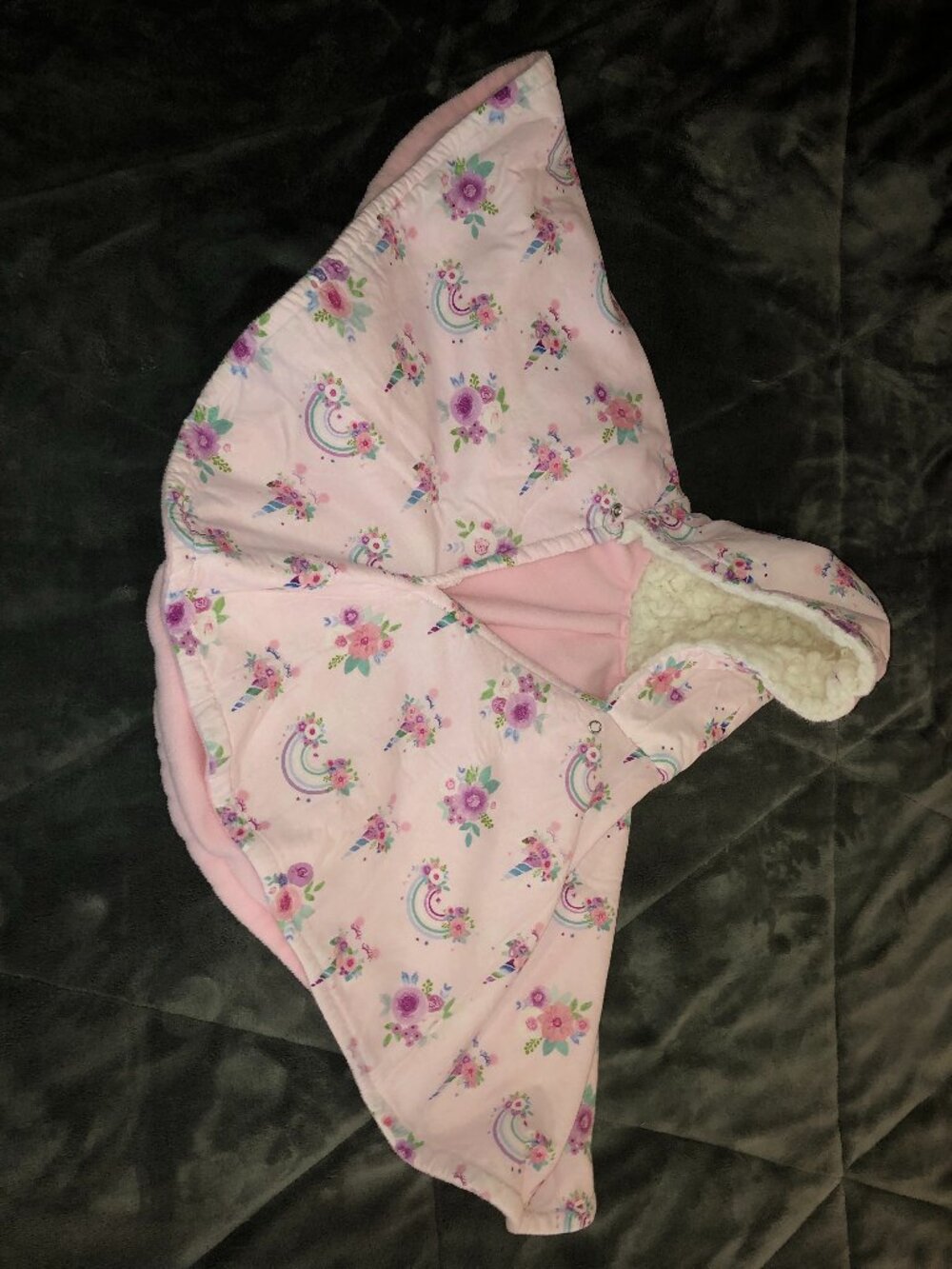 Hooded Fleece Baby Poncho w/Floral & Rainbow Design; Super Soft & Cozy